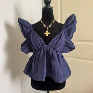 Society Blue Puff Sleeve Ruffled Peplum Blouse